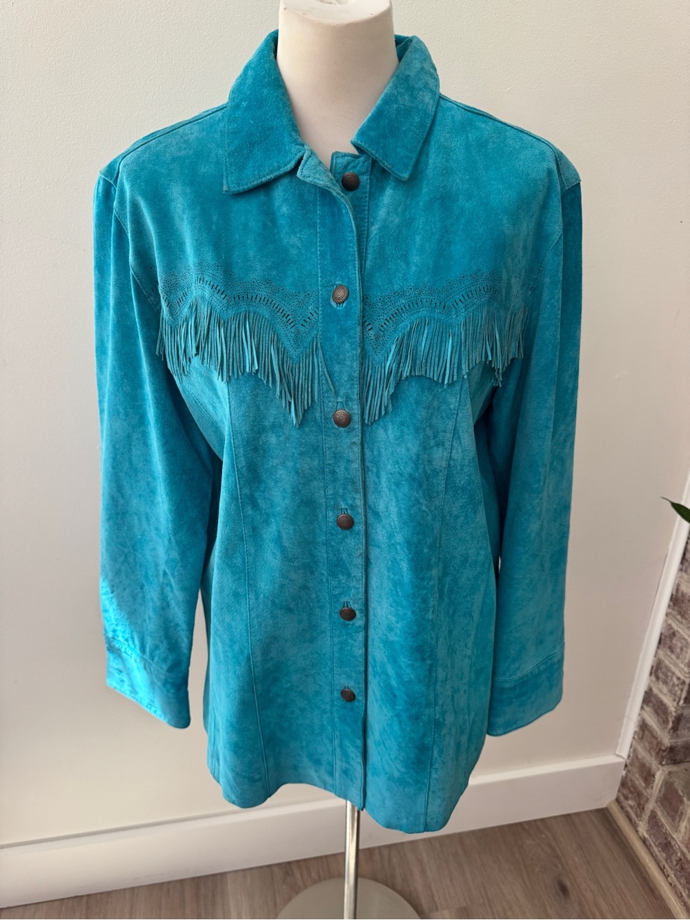 Vintage Chico’s Turquoise Suede Leather Fringe Western Jacket Size 2 S/M